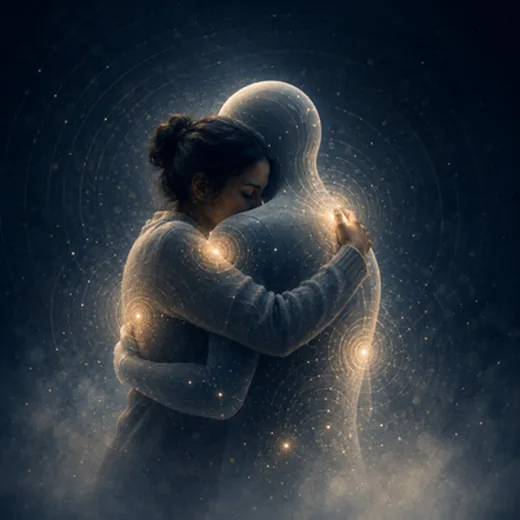 Hug Me — duas figuras a abraçar-se, uma feita de partículas luminosas douradas sobre fundo escuro.