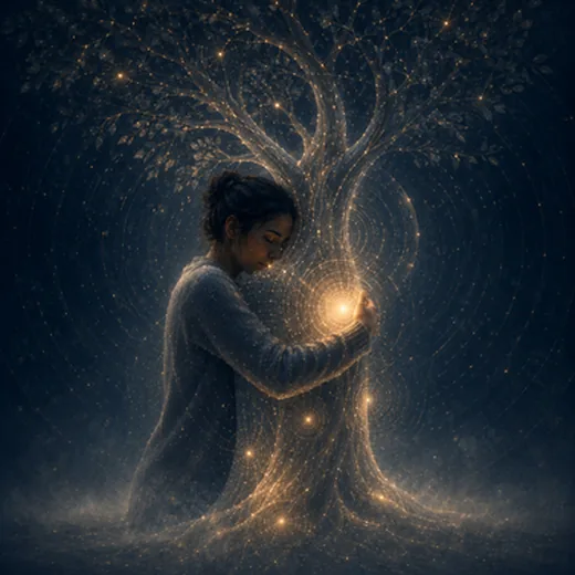 One Hug — pessoa a abraçar uma árvore feita de luz dourada sobre fundo azul-escuro.
