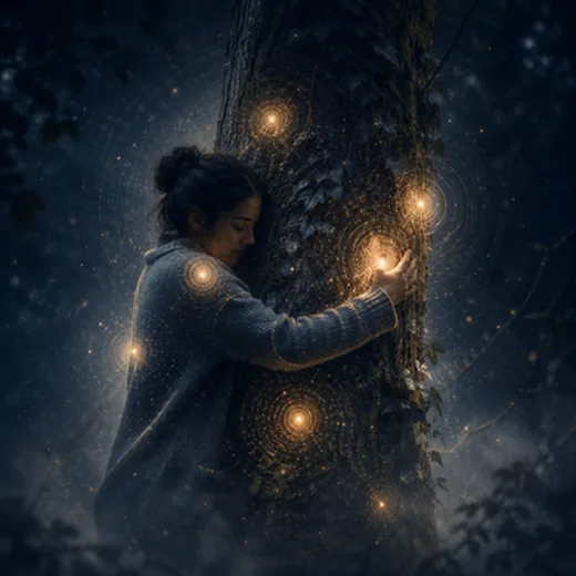 Hug@ree — pessoa a abraçar uma árvore real numa floresta noturna, com halos de luz.