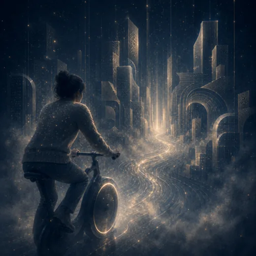 The Legible City — pessoa numa bicicleta a percorrer uma cidade virtual feita de luz.