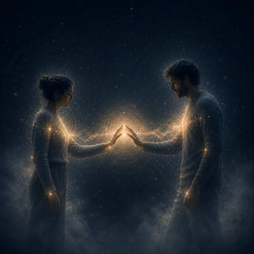 Se Mi Sei Vicino — duas figuras frente a frente, as mãos a tocar-se com energia luminosa entre elas.