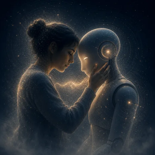 Telenoid — pessoa frente a frente com um robô humanoide minimalista, envoltos em luz suave.